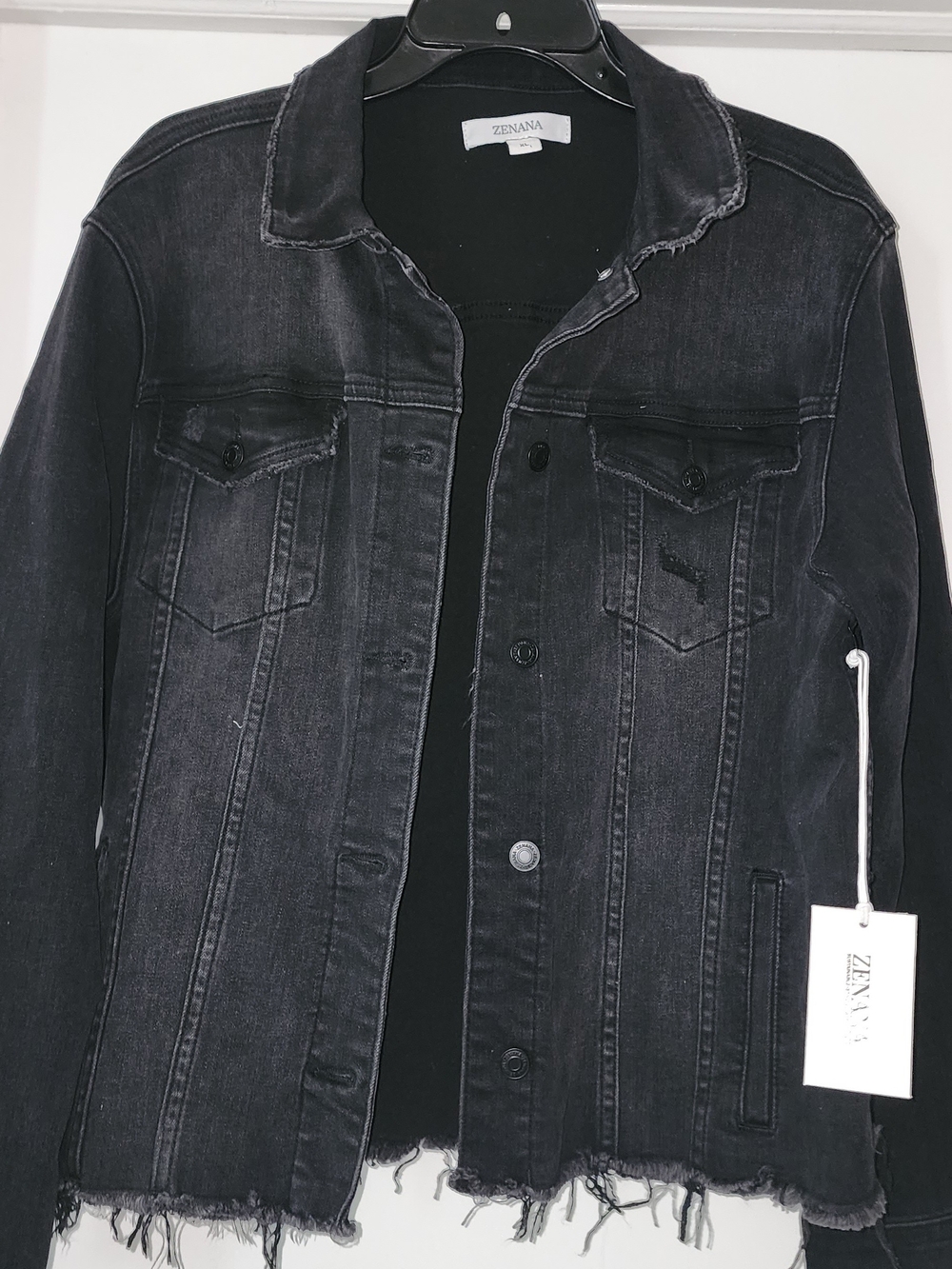 Zenana Outfitters Washed Black Distressed Hem Denim Jacket